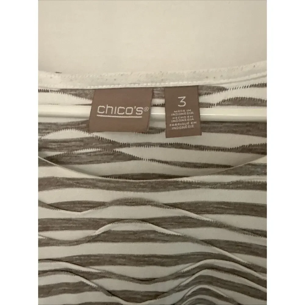 Chicos Top Womens Size 3 Striped Wave Textured 3/4 Sleeve Round Neck Gray/Taupe